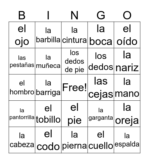 Las Partes del Cuerpo Bingo Card