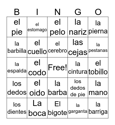 Las partes del cuerpo Bingo Card