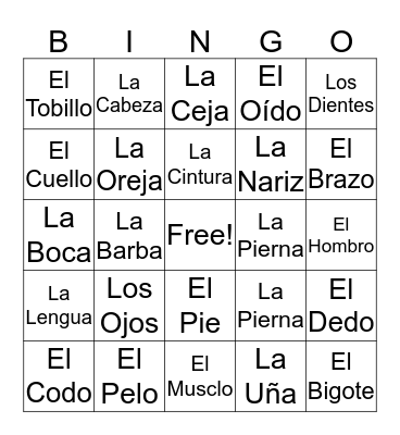 Las Partes Del Cuerpo Bingo Card