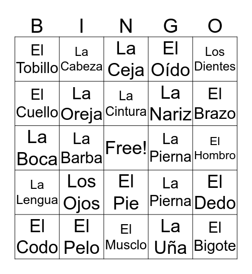 Las Partes Del Cuerpo Bingo Card