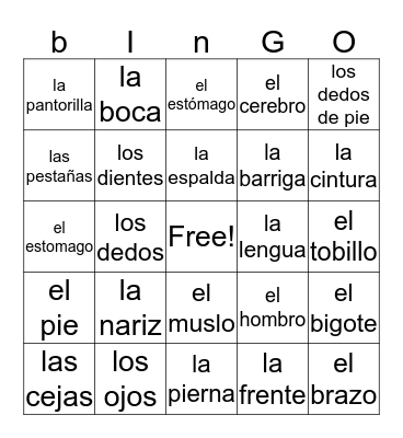 la partes del cuerpo  Bingo Card