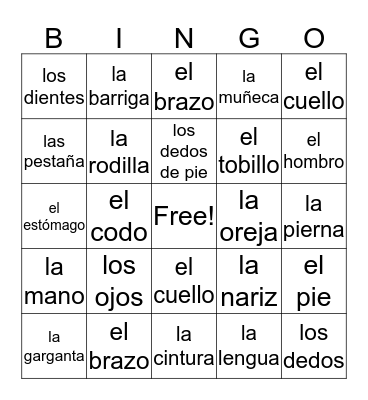 Las Partes de Cuerpo Bingo Card