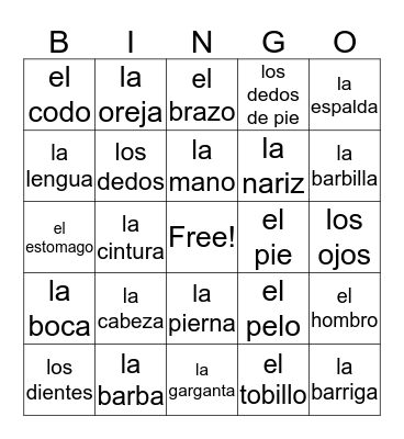 Las Parted del Cuerpo Bingo Card