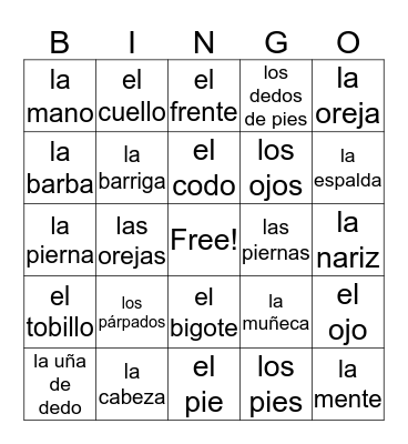 Las partes del cuerpo  Bingo Card