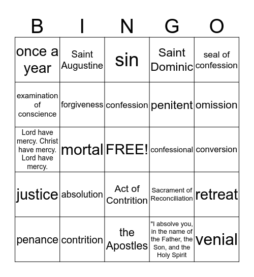 Chapter 16 Penance and Reconciliation Bingo Card