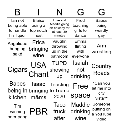 YCT Party Bingo Card