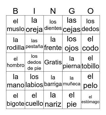 Las Partes de Cuerpo Bingo Card