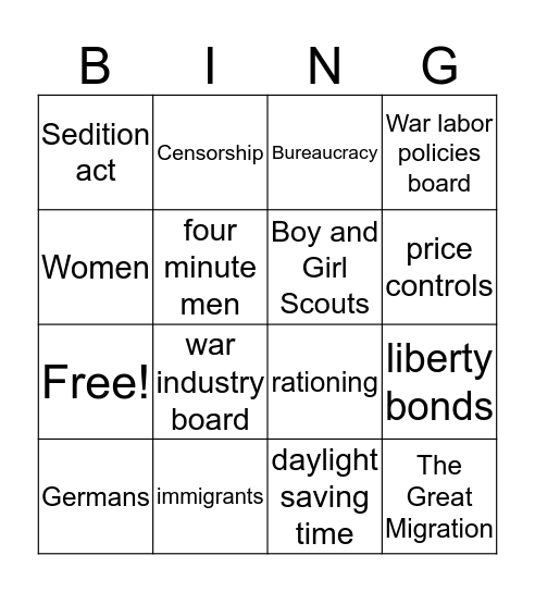 Americans on the Home Front Bingo Card