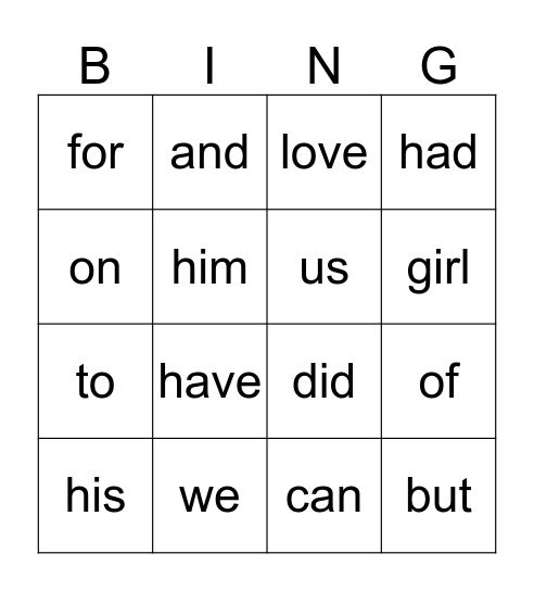 Sight word BINGO Card