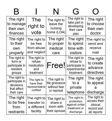 Resident Rights Bingo Card