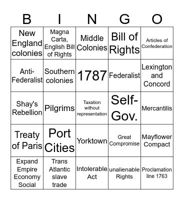 Colonies/Compromise Bingo Card