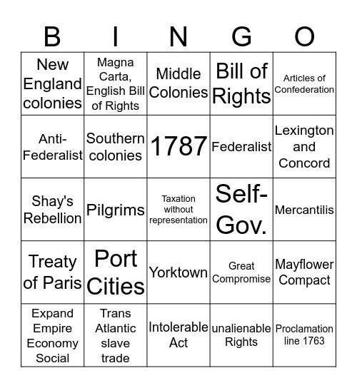 Colonies/Compromise Bingo Card