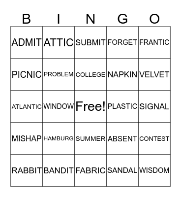 VCCV WORDS Bingo Card