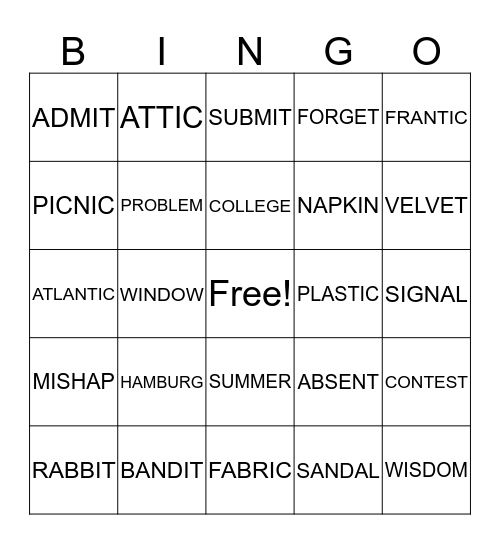 VCCV WORDS Bingo Card