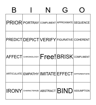 VOCABULARY BINGO Card