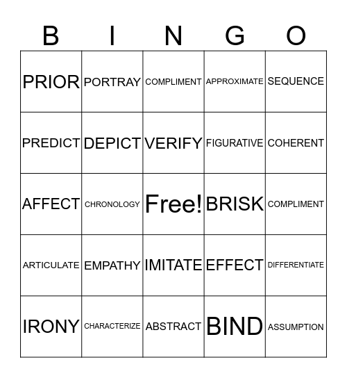 VOCABULARY BINGO Card