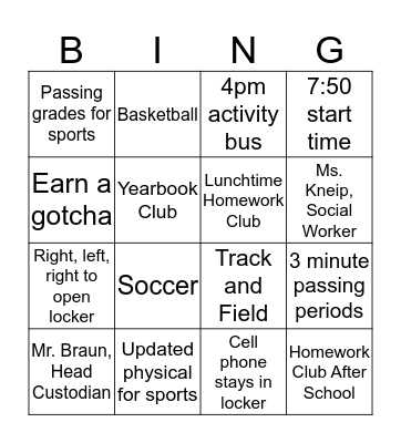 Sandburg Orientation Bingo Card