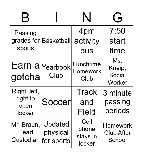 Sandburg Orientation Bingo Card