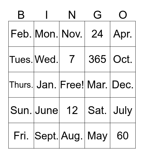 Days of the Week & Month Abbreviation Bingo Card