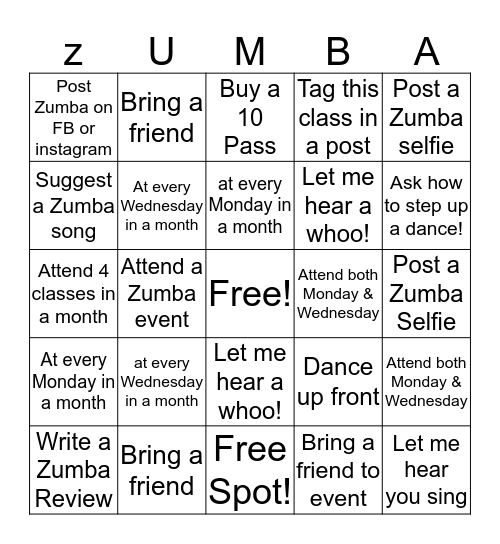 Dawn's Zumba BINGO Card