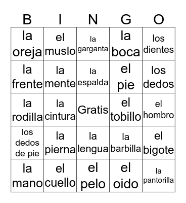 Las Partes Del Cuerpo Bingo Card