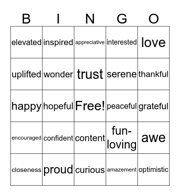 Positive Feelings Bingo Card