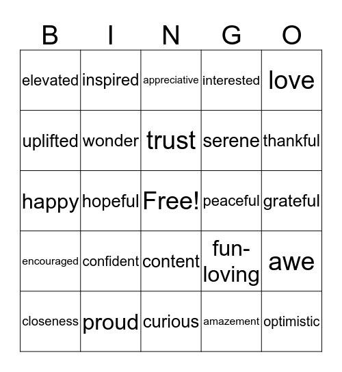 Positive Feelings Bingo Card