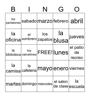 Spanish Vocabulary Review Bingo Card