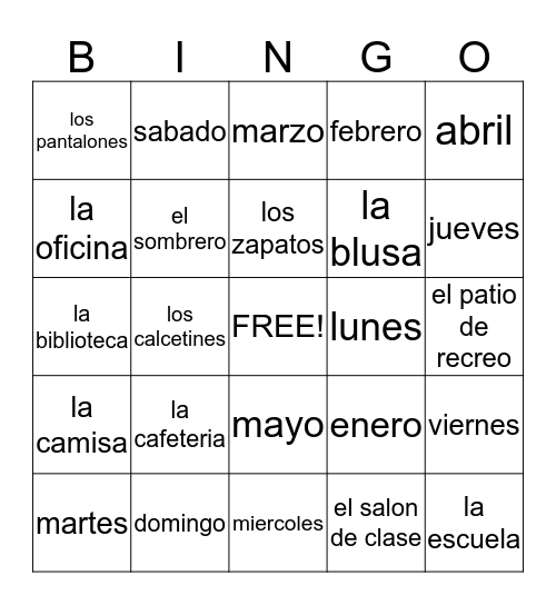 Spanish Vocabulary Review Bingo Card