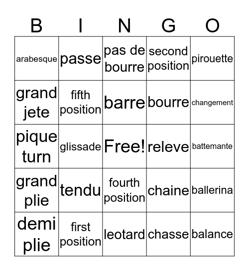 Ballet Bingo Card