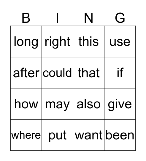 Word Bingo! Bingo Card