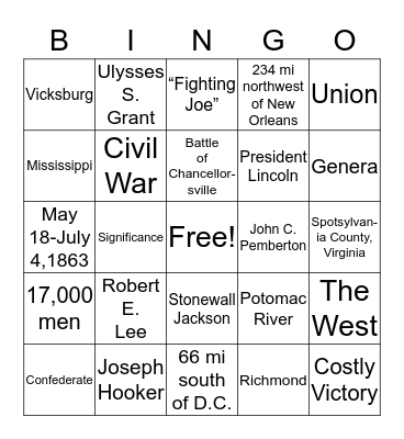 Battle of Chancellorsville and Siege of Vicksburg Bingo Card