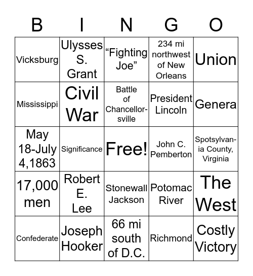 Battle of Chancellorsville and Siege of Vicksburg Bingo Card