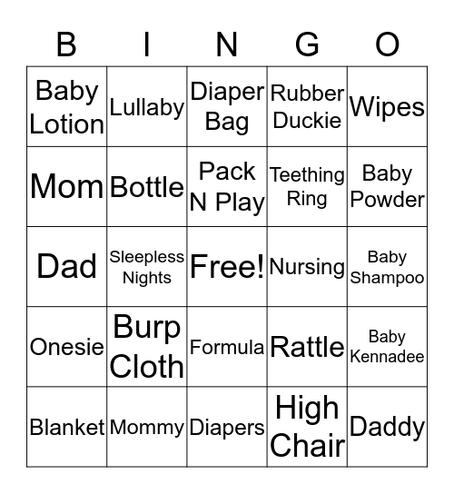 Kiara's Baby Shower Bingo Card