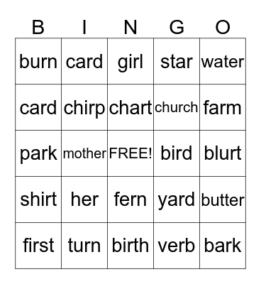 "r"-Controlled Vowels Bingo Card