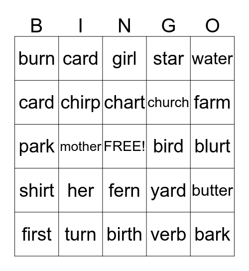 "r"-Controlled Vowels Bingo Card