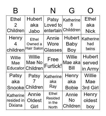 Furtick Family Reunion  Bingo Card