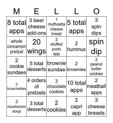 Apps and Desserts Bingo Card