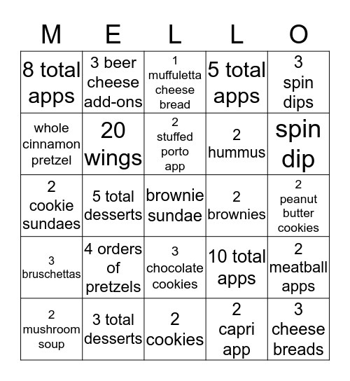 Apps and Desserts Bingo Card