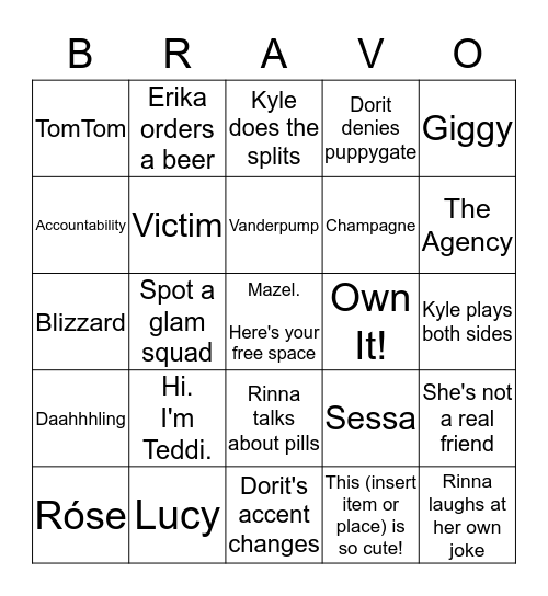 RHWBH Season 9 Bingo Card