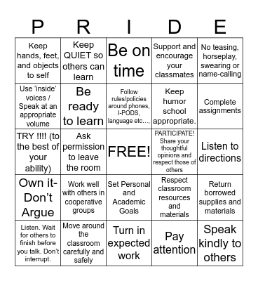 PRIDE Bingo Card