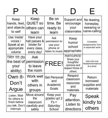 PRIDE Bingo Card