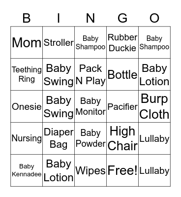Kiara's Baby Shower Bingo Card
