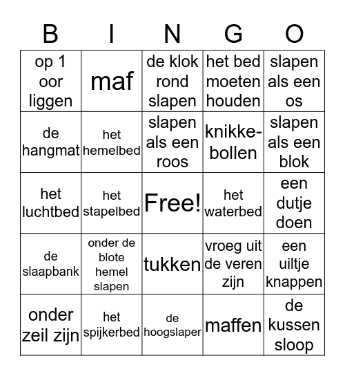 Staal thema: slapen Bingo Card