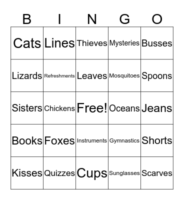 Plurals Bingo Card