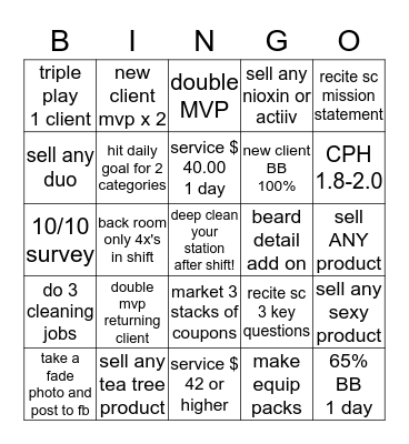 Sportclips Bingo Card