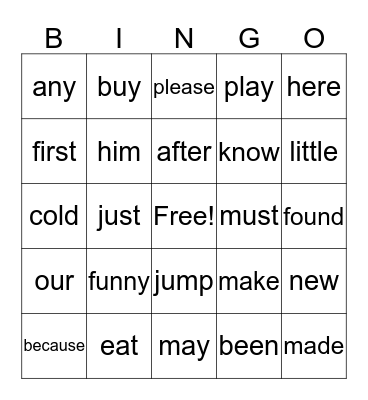 Sight Word Bingo Card