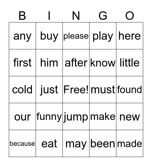 Sight Word Bingo Card
