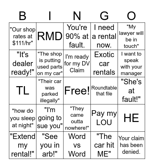 Adjuster Lingo Bingo Card