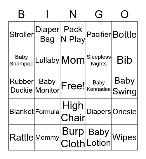 Kiara's Baby Shower Bingo Card